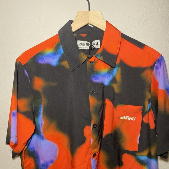 ZARA x RHUIGI Button Down Sm Short Sleeve Red Tie Dye Shirt Water Color New Tags - Picture 5 of 7